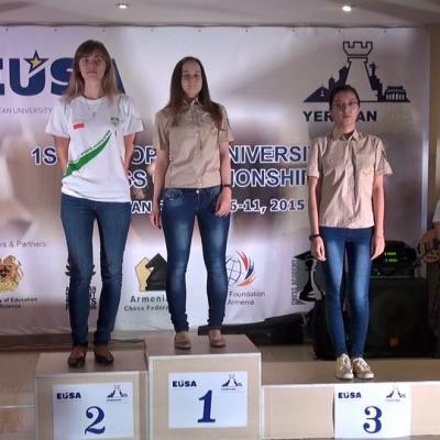 Награждение призеров чемпионата Европы по шахматам среди университетских команд у девушек