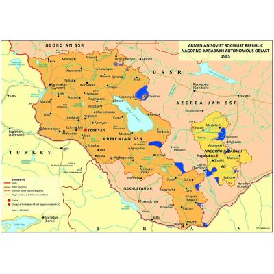 Темно-синим цветом отмечены территории Армении, переданные Азербайджану в 1925-1940 годах